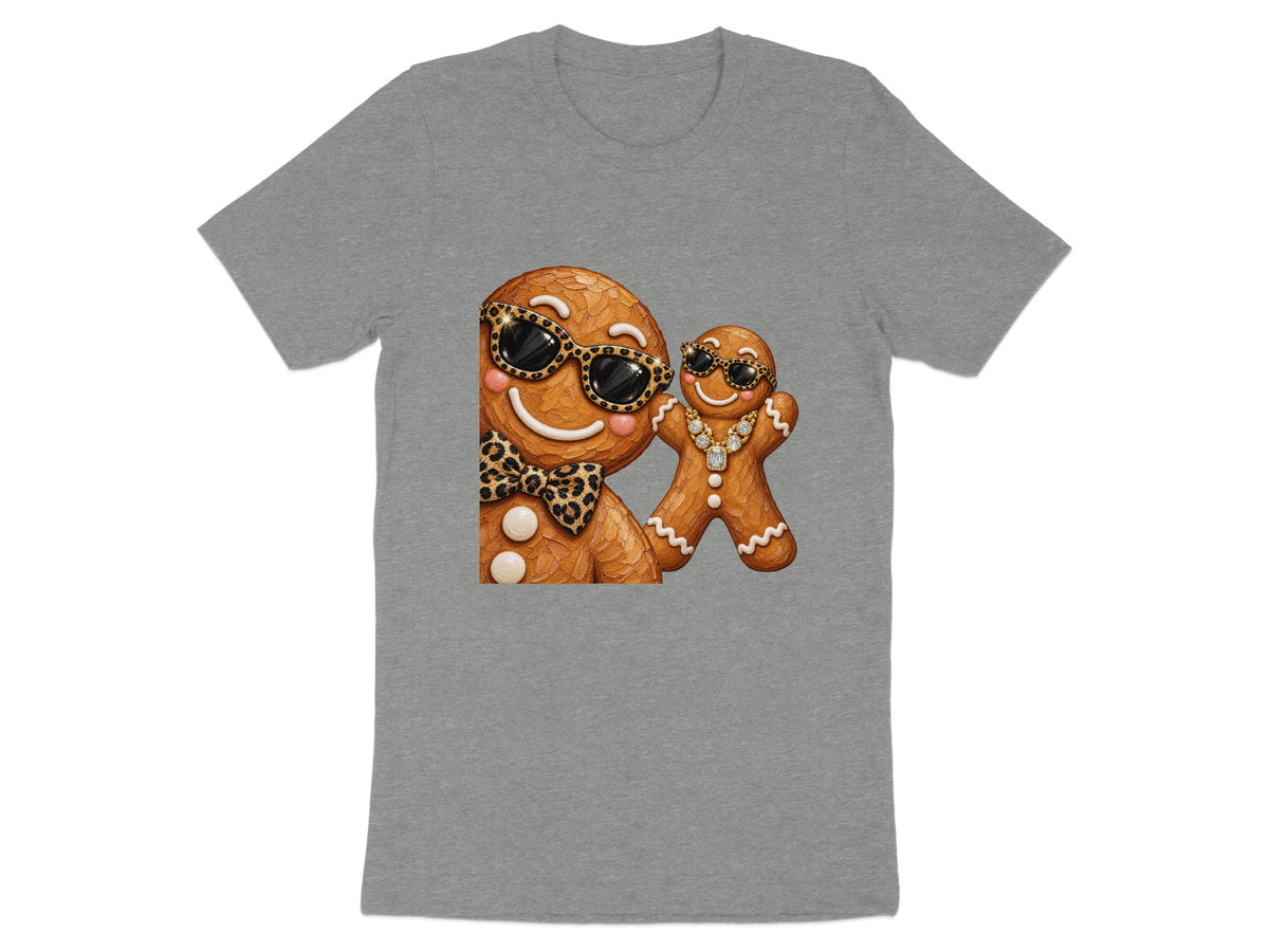 Two gingerbread cookies wearing sunglasses and jewelry on a gray t-shirt.