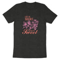 Dark t-shirt with pink text and strawberry illustration saying "Life is Short, Make it Sweet".