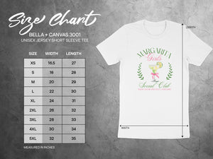 Bella + Canvas 3001 unisex tee size chart with Margarita Girls graphic and text.