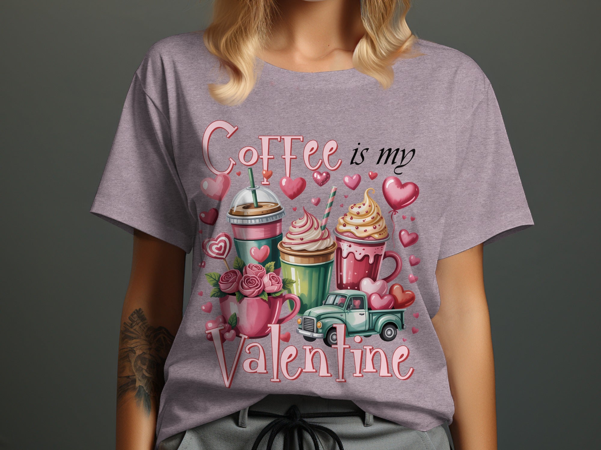 T-shirt graphic with "Coffee is my Valentine" text, coffee cups, and hearts.