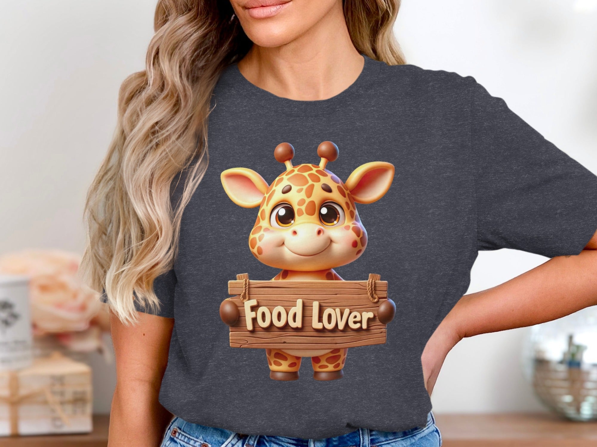 Cartoon giraffe holding a wooden sign that says "Food Lover".