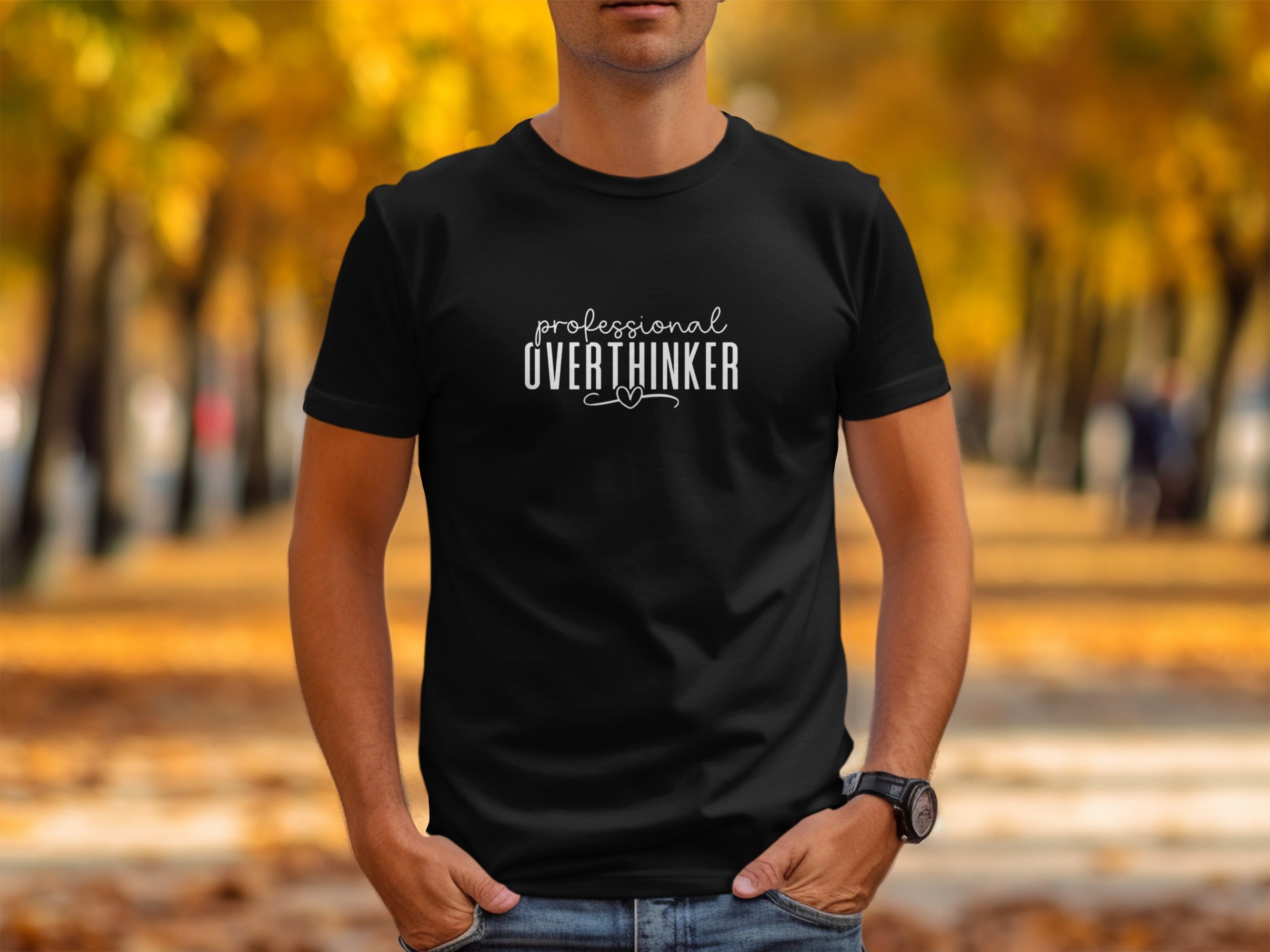 Black t-shirt with "professional OVERTHINKER" text and heart detail.