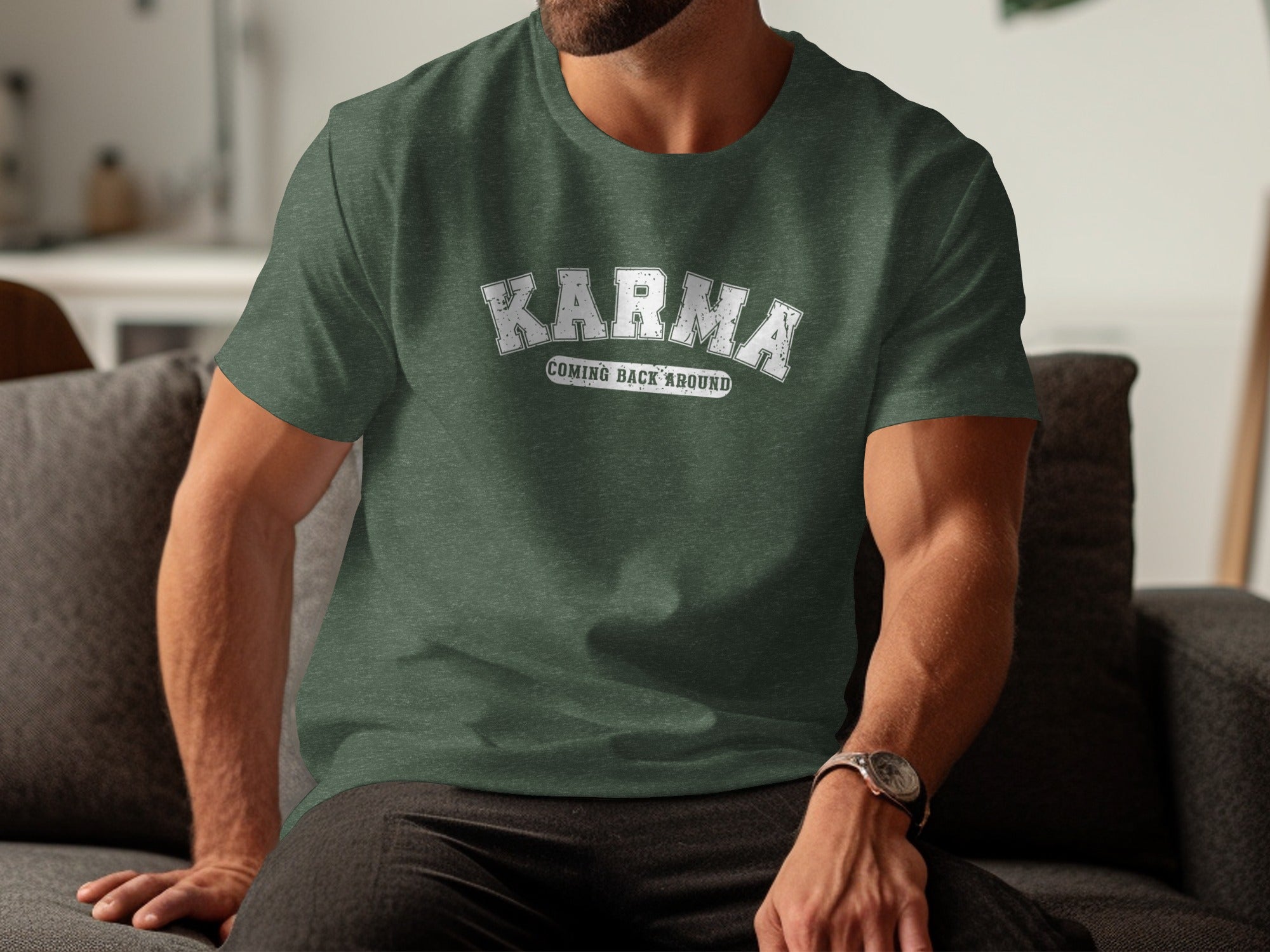 Dark green t-shirt with "Karma Coming Back Around" text logo.