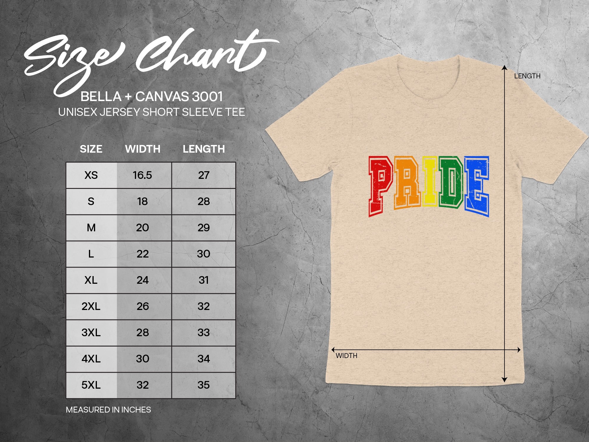 Size chart for Bella + Canvas 3001 unisex tee with "Pride" graphic.