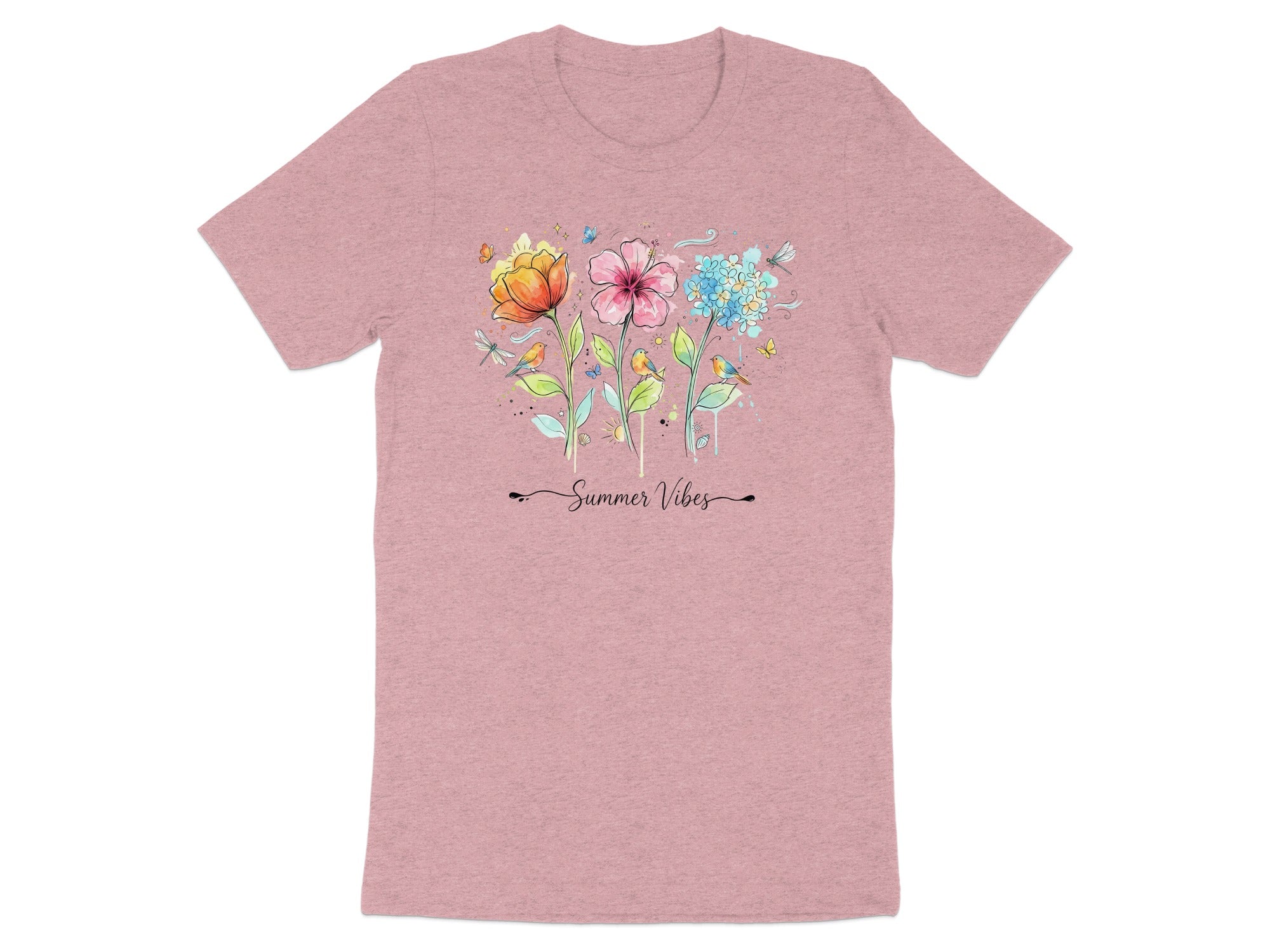Pink t-shirt with watercolor floral design and "Summer Vibes" text.