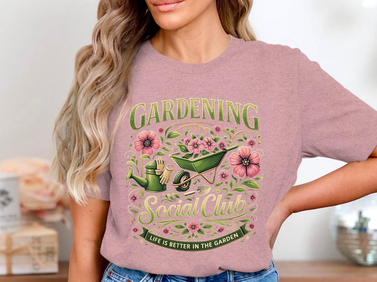 Pink t-shirt with "Gardening Social Club" text and gardening graphics.