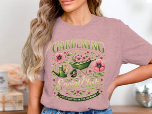 Pink t-shirt with "Gardening Social Club" text and gardening graphics.