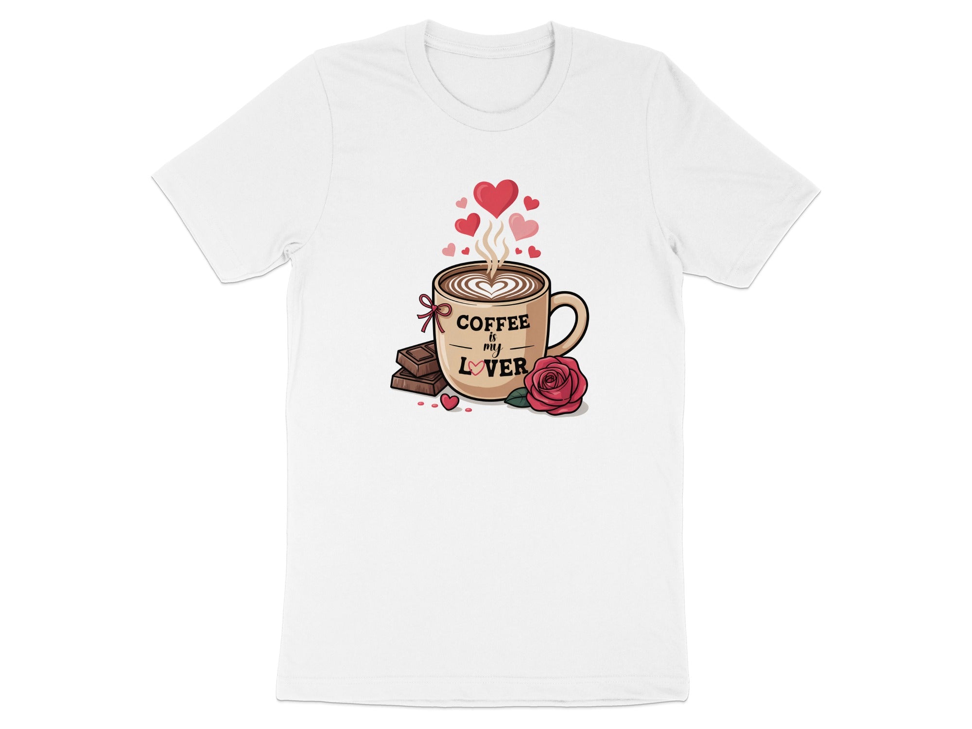 Coffee is my lover graphic with hearts, rose, and chocolate on a white t-shirt.