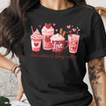 Black t-shirt with "Valentine's Day coffee" and coffee drinks graphic.