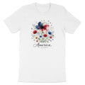 White t-shirt with "America" text and a watercolor floral design in red, white, and blue.
