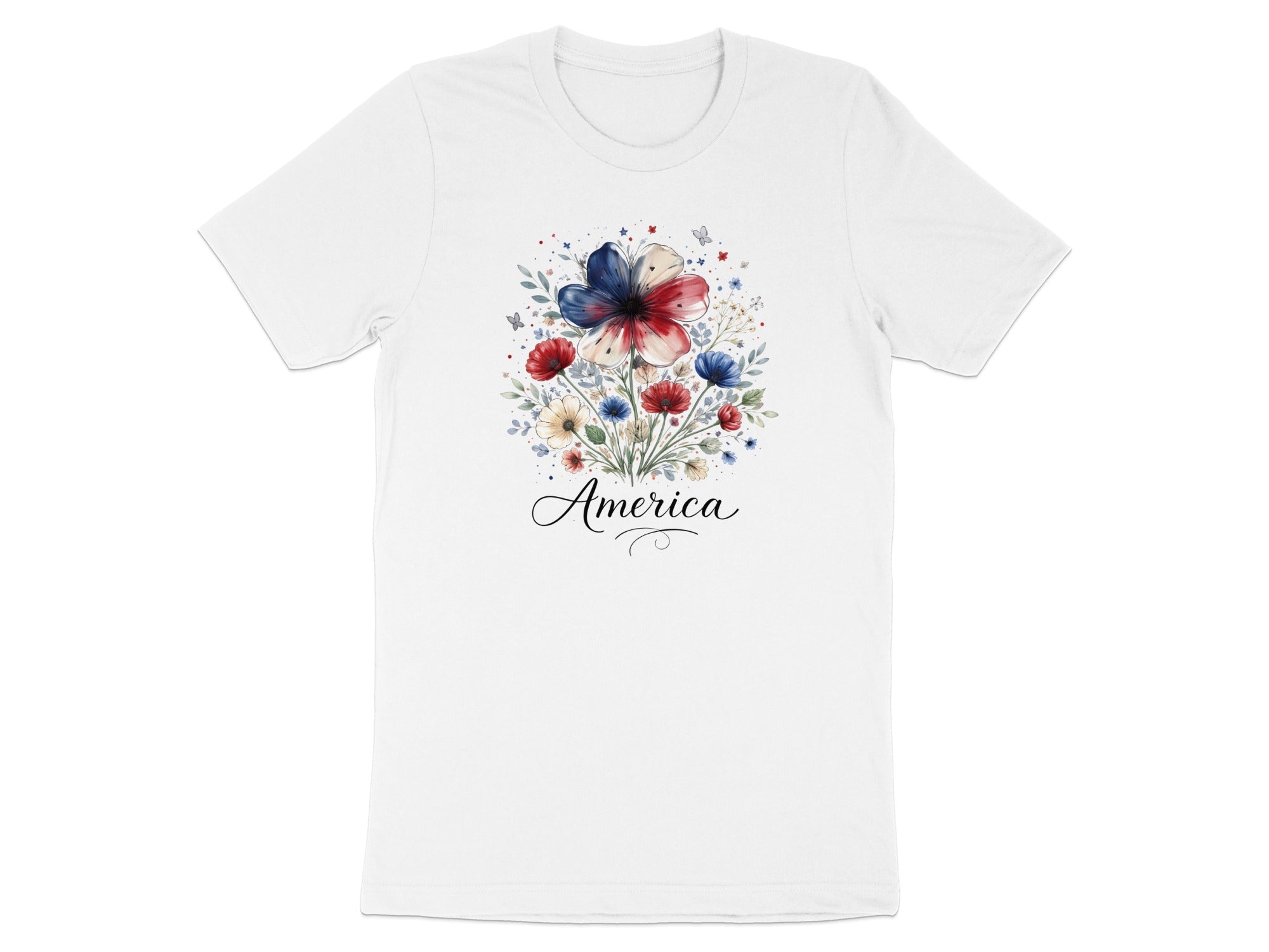 White t-shirt with "America" text and a watercolor floral design in red, white, and blue.