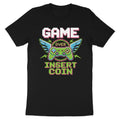 Black t-shirt with pixelated "GAME OVER INSERT COIN" text and a retro controller.