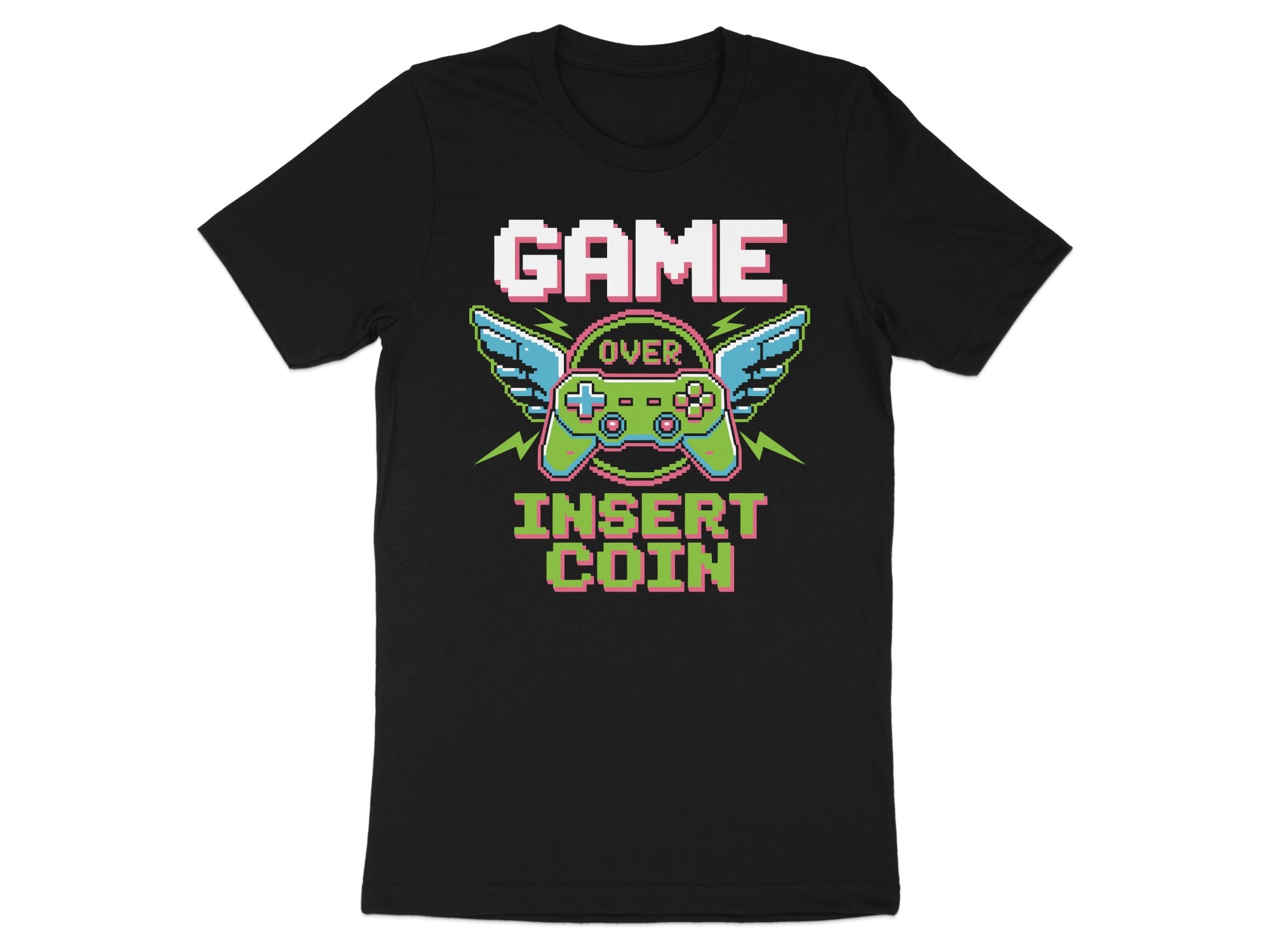 Black t-shirt with pixelated "GAME OVER INSERT COIN" text and a retro controller.