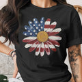 Black t-shirt with a flower graphic resembling the American flag
