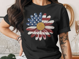 Black t-shirt with a flower graphic resembling the American flag