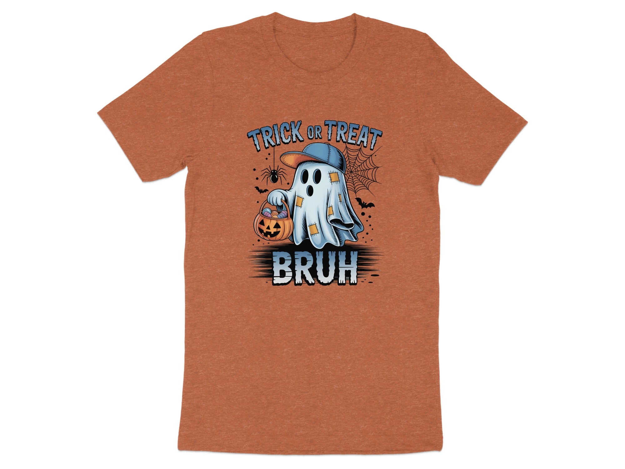 Ghost graphic with "Trick or Treat" and "BRUH" text, on an orange t-shirt.