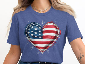 Blue t-shirt with a distressed American flag heart graphic and subtle star accents.