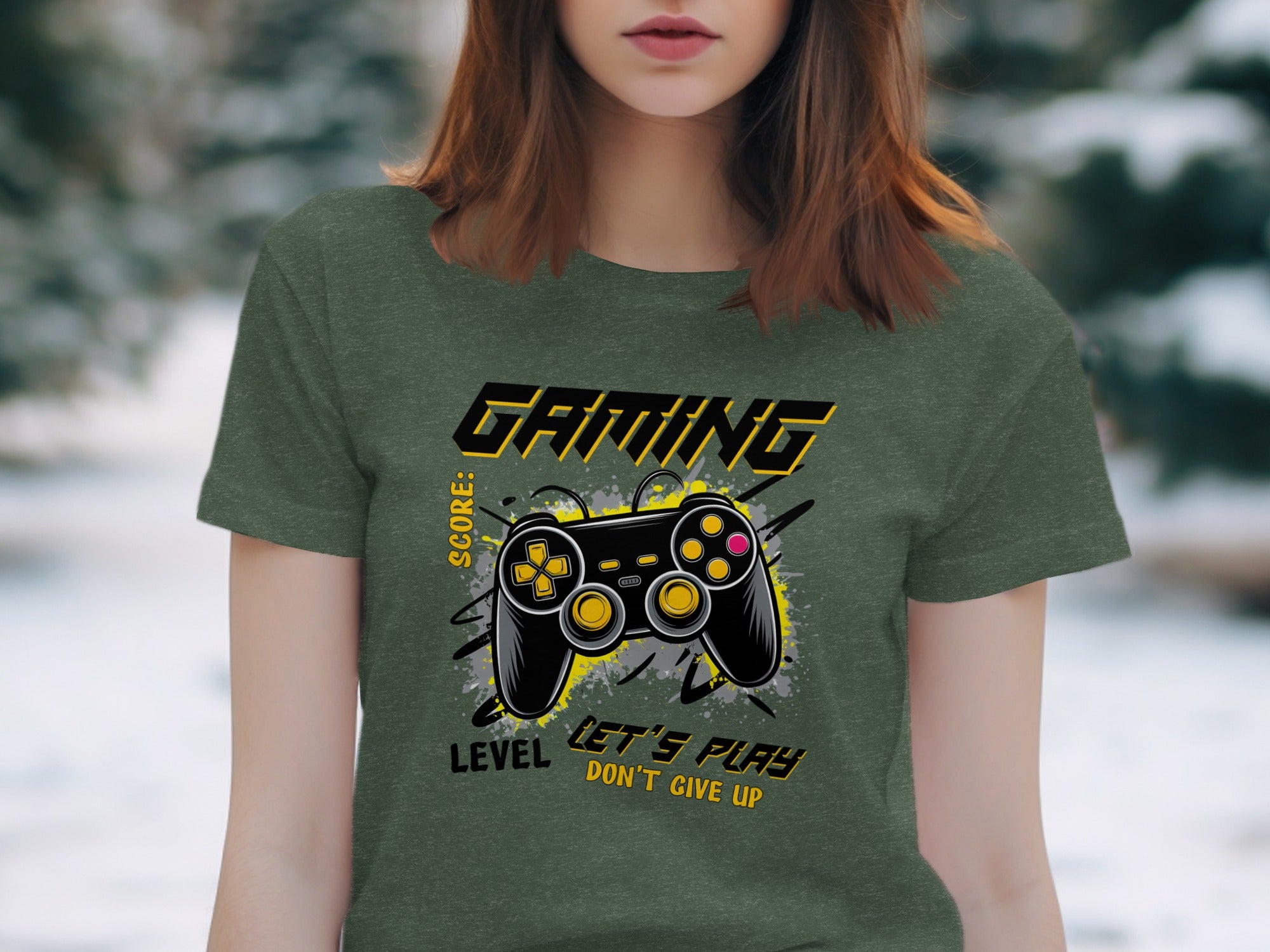 Green t-shirt with "GAMING" text and a video game controller graphic.
