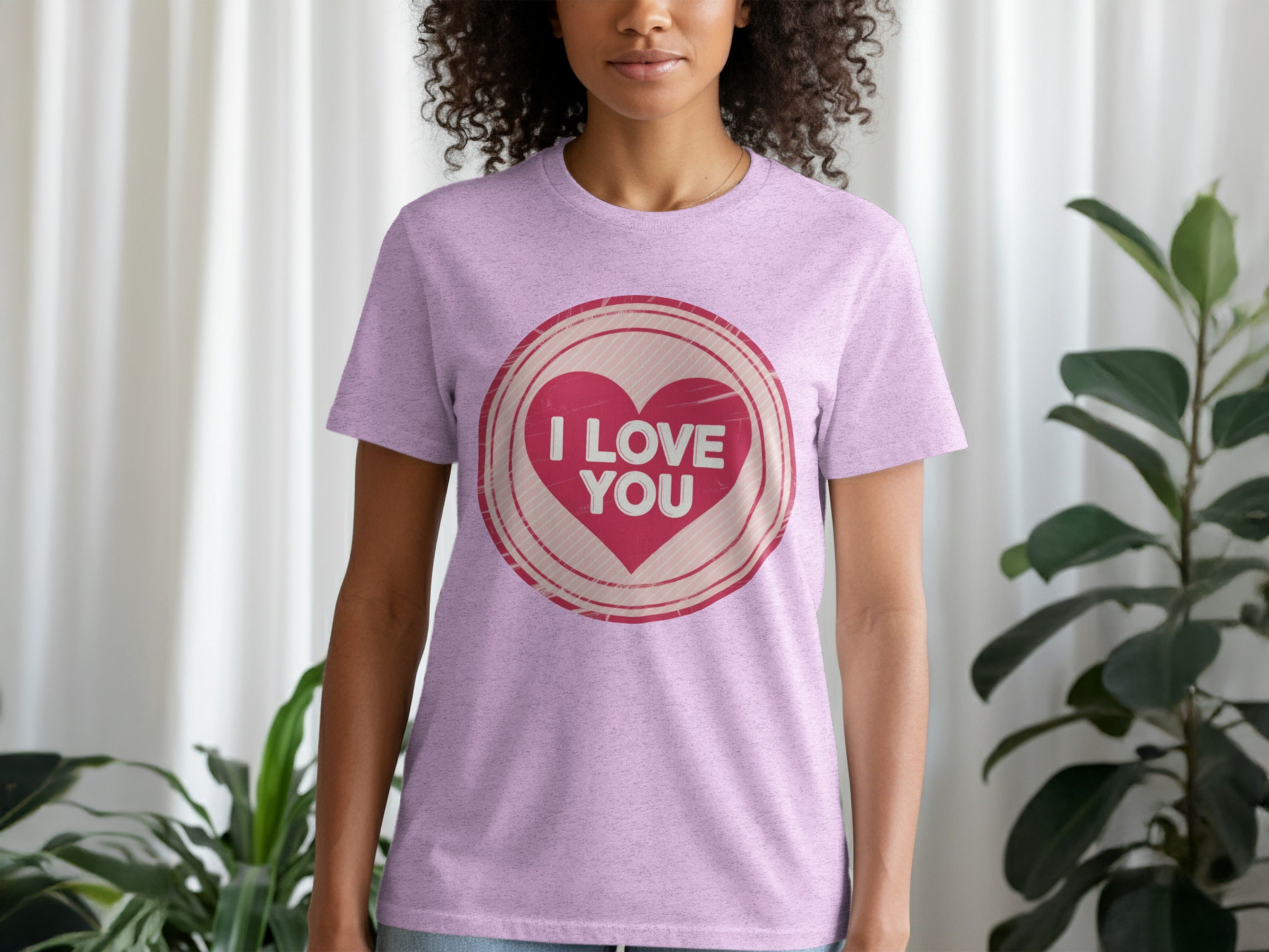 Light purple t-shirt with a distressed pink heart graphic that says "I LOVE YOU".