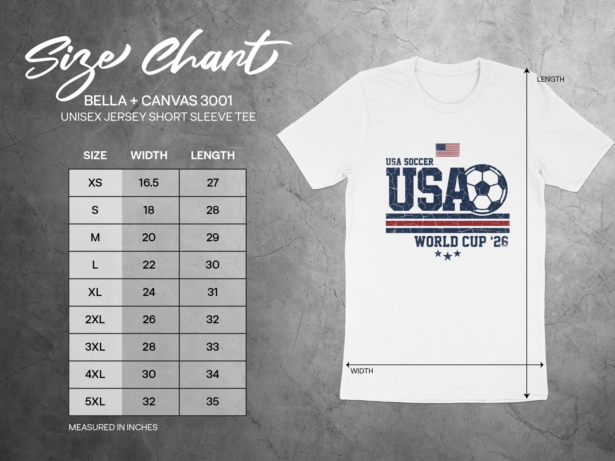 Size chart for Bella + Canvas 3001 unisex jersey tee with USA Soccer World Cup design.