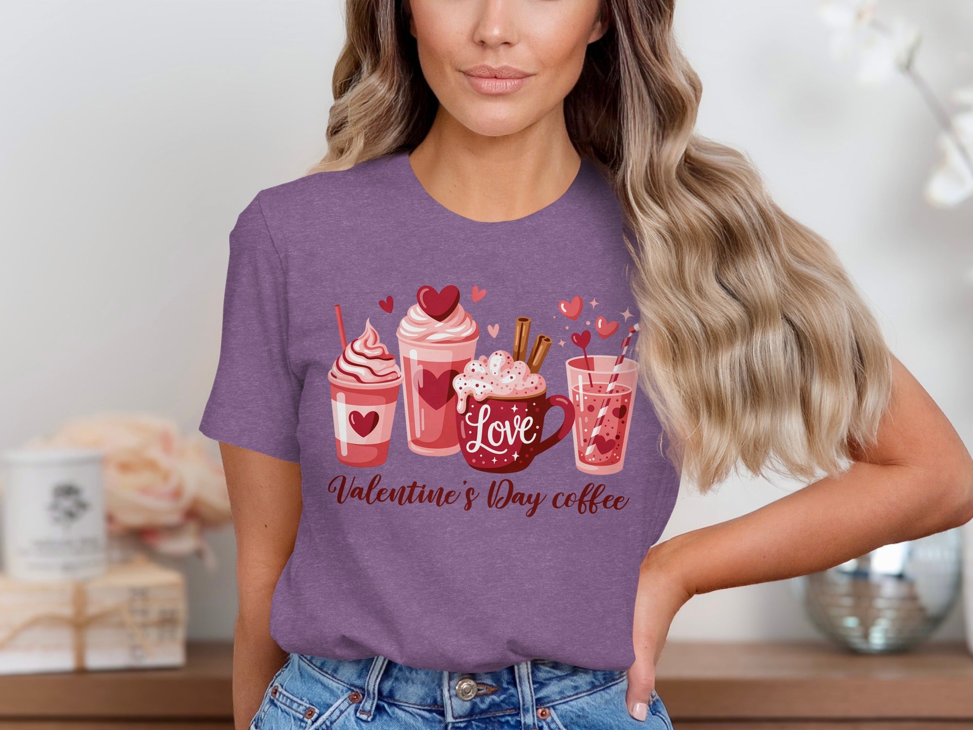 T-shirt with Valentine's Day coffee graphic featuring drinks and the word "Love".