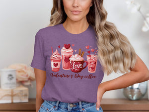 T-shirt with Valentine's Day coffee graphic featuring drinks and the word "Love".