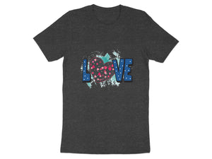 Dark t-shirt with "LOVE" text and a heart filled with smaller hearts.