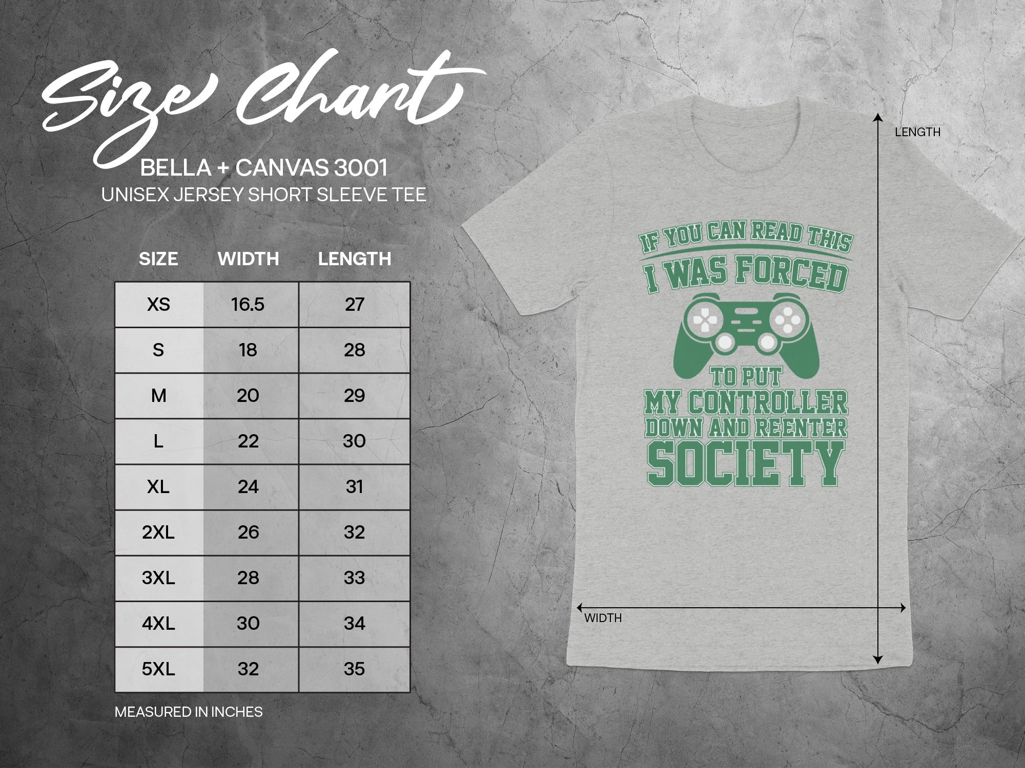 Bella + Canvas 3001 size chart with width and length measurements for unisex tees.