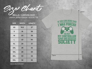 Bella + Canvas 3001 size chart with width and length measurements for unisex tees.