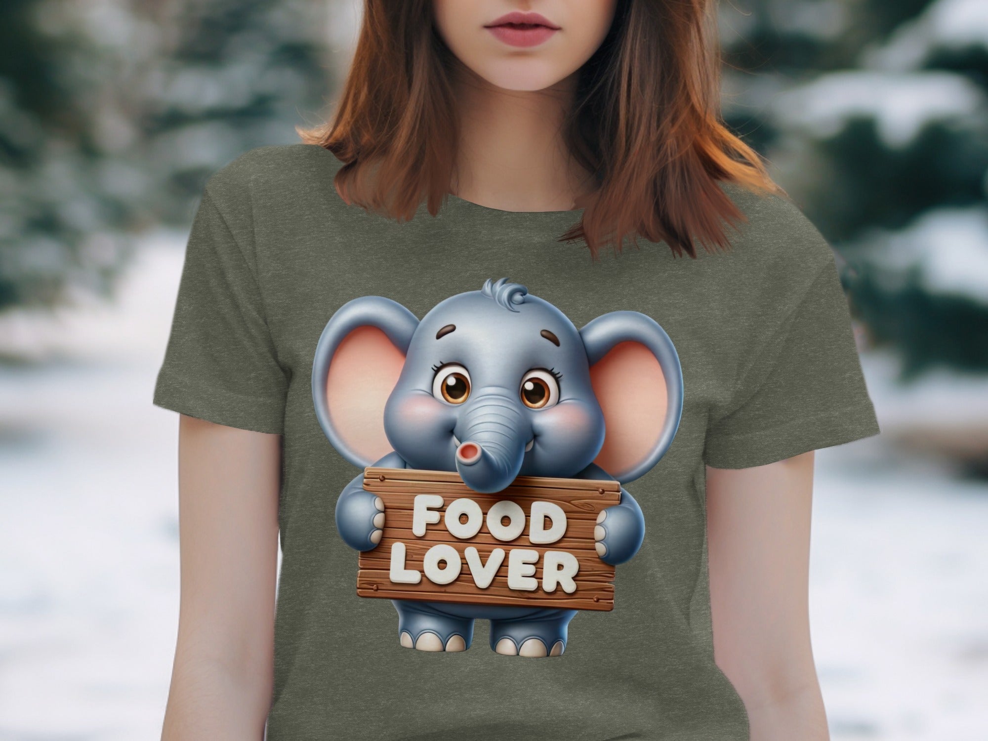Illustration of a cartoon elephant holding a sign that reads FOOD LOVER.