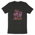 Dark t-shirt with pink strawberry illustration and text "Life is short make it sweet".