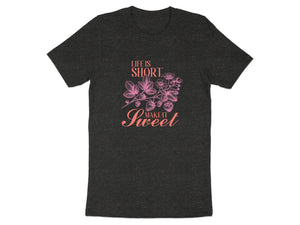 Dark t-shirt with pink strawberry illustration and text "Life is short make it sweet".