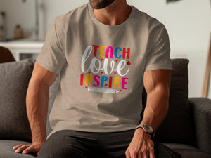 T-shirt with "Teach love inspire" text and a pencil graphic.