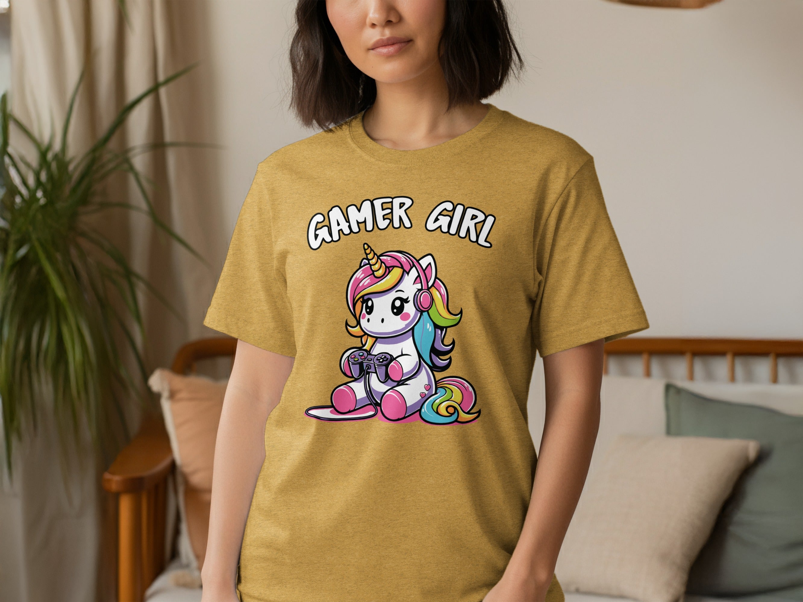 T-shirt with "Gamer Girl" text and a cartoon unicorn playing video games.