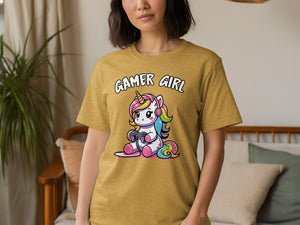 T-shirt with "Gamer Girl" text and a cartoon unicorn playing video games.