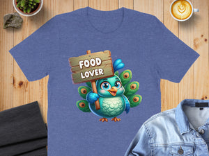 Blue t-shirt with cartoon peacock holding "Food Lover" sign.