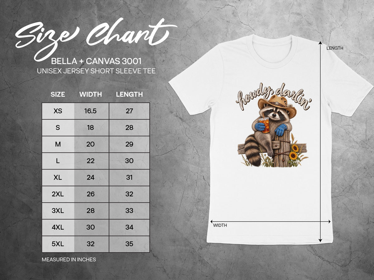 Size chart for Bella + Canvas 3001 unisex short sleeve tee, with raccoon graphic.