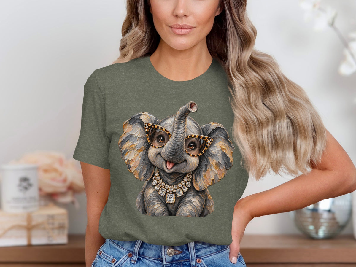 Olive green t-shirt with a cartoon elephant wearing sunglasses and a diamond necklace.