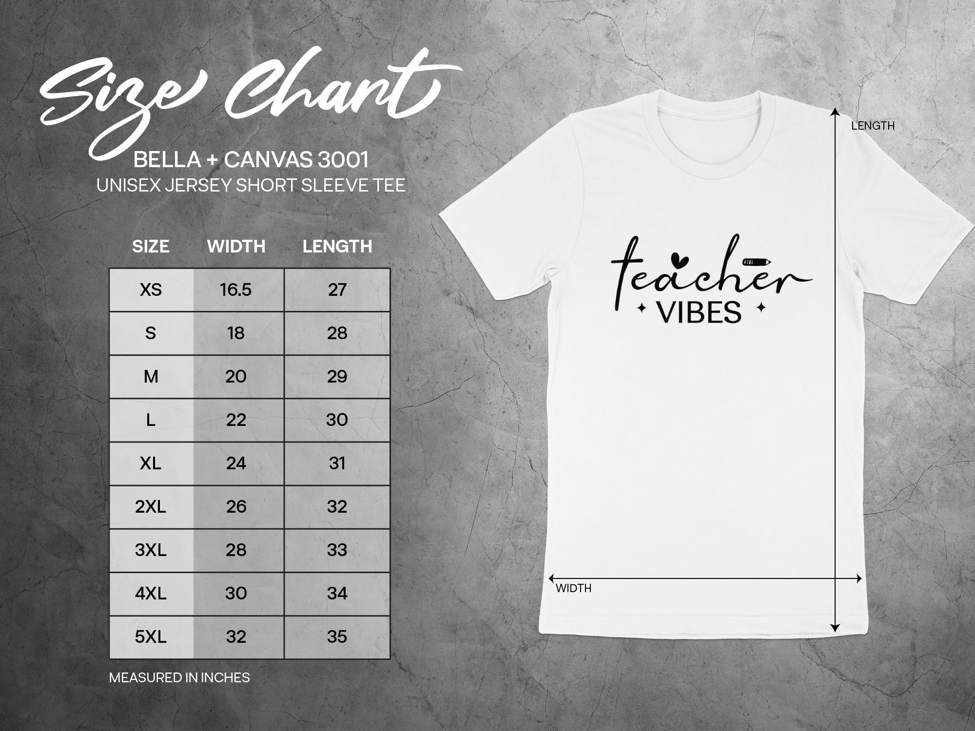 BELLA + CANVAS 3001 unisex tee size chart with width and length measurements in inches.