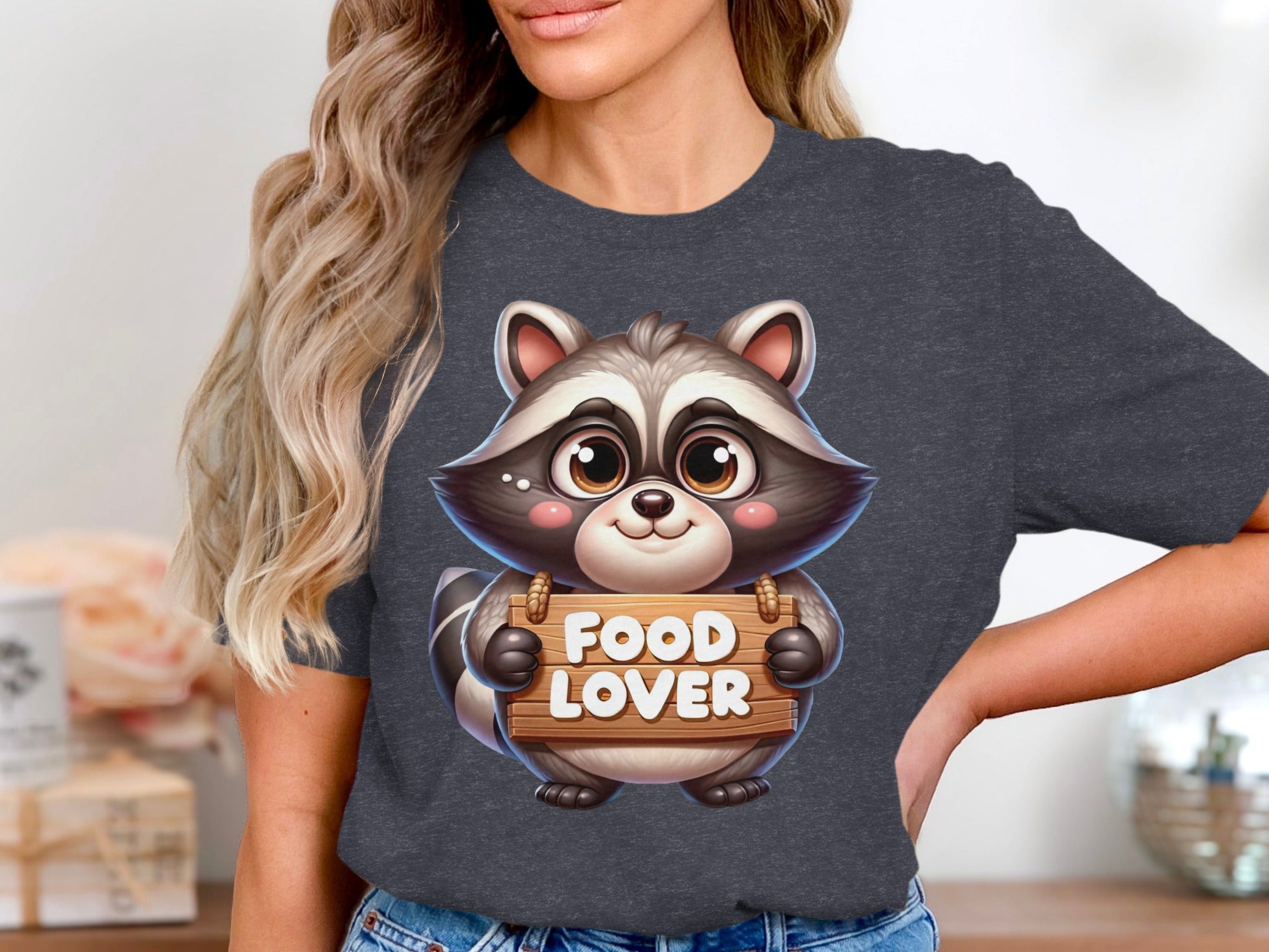 Cartoon raccoon holding wooden sign that says "FOOD LOVER".