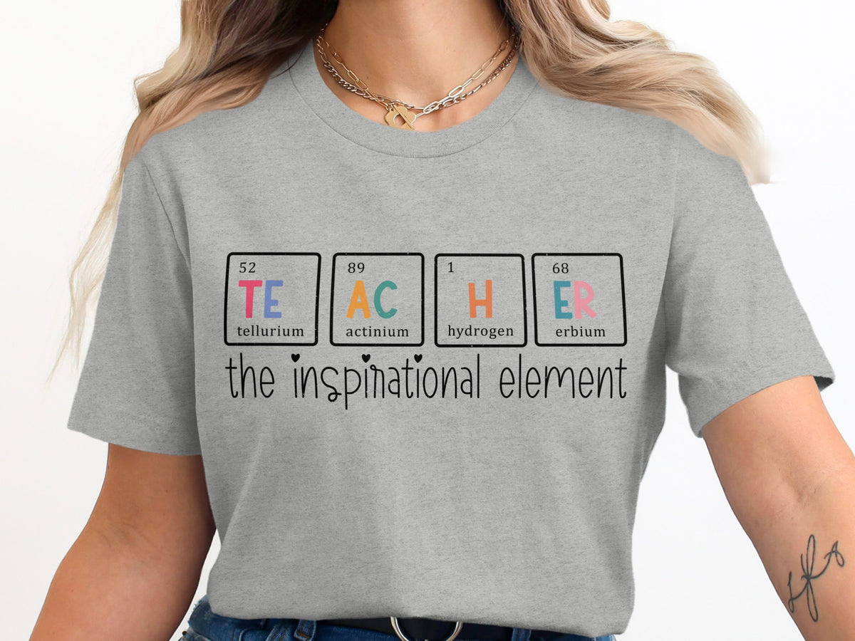 Teacher spelled with periodic table elements, text reads "the inspirational element".