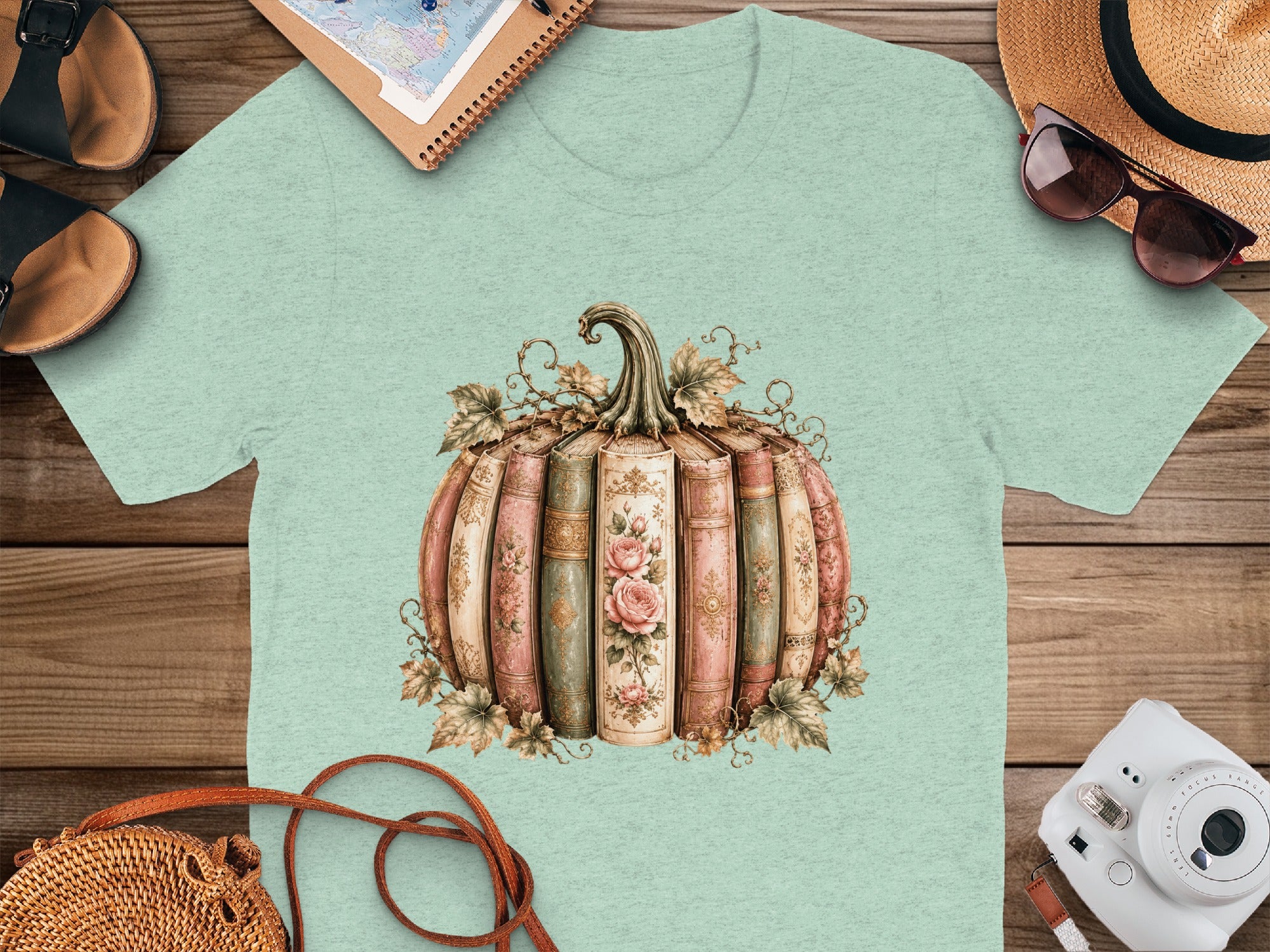 Mint t-shirt with a graphic of a pumpkin made of vintage books with roses.