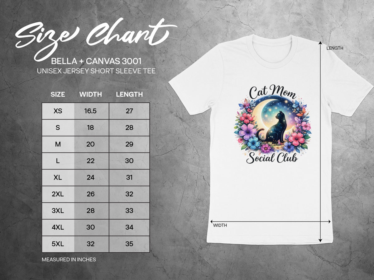 Size chart for Bella + Canvas 3001 unisex short sleeve tee.