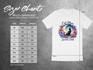 Size chart for Bella + Canvas 3001 unisex short sleeve tee.