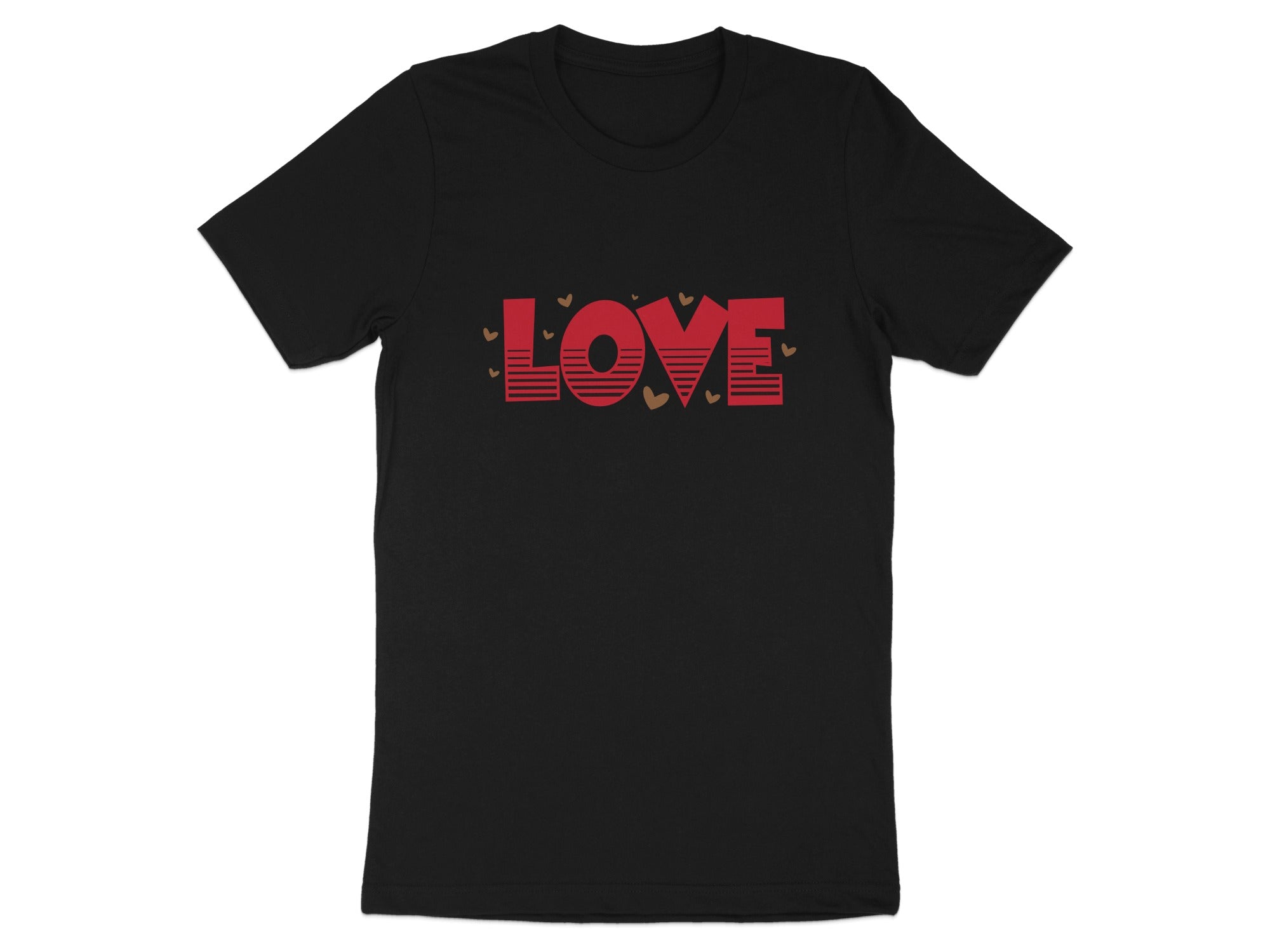 Black t-shirt with red striped "LOVE" text and gold hearts.