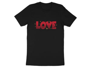 Black t-shirt with red striped "LOVE" text and gold hearts.
