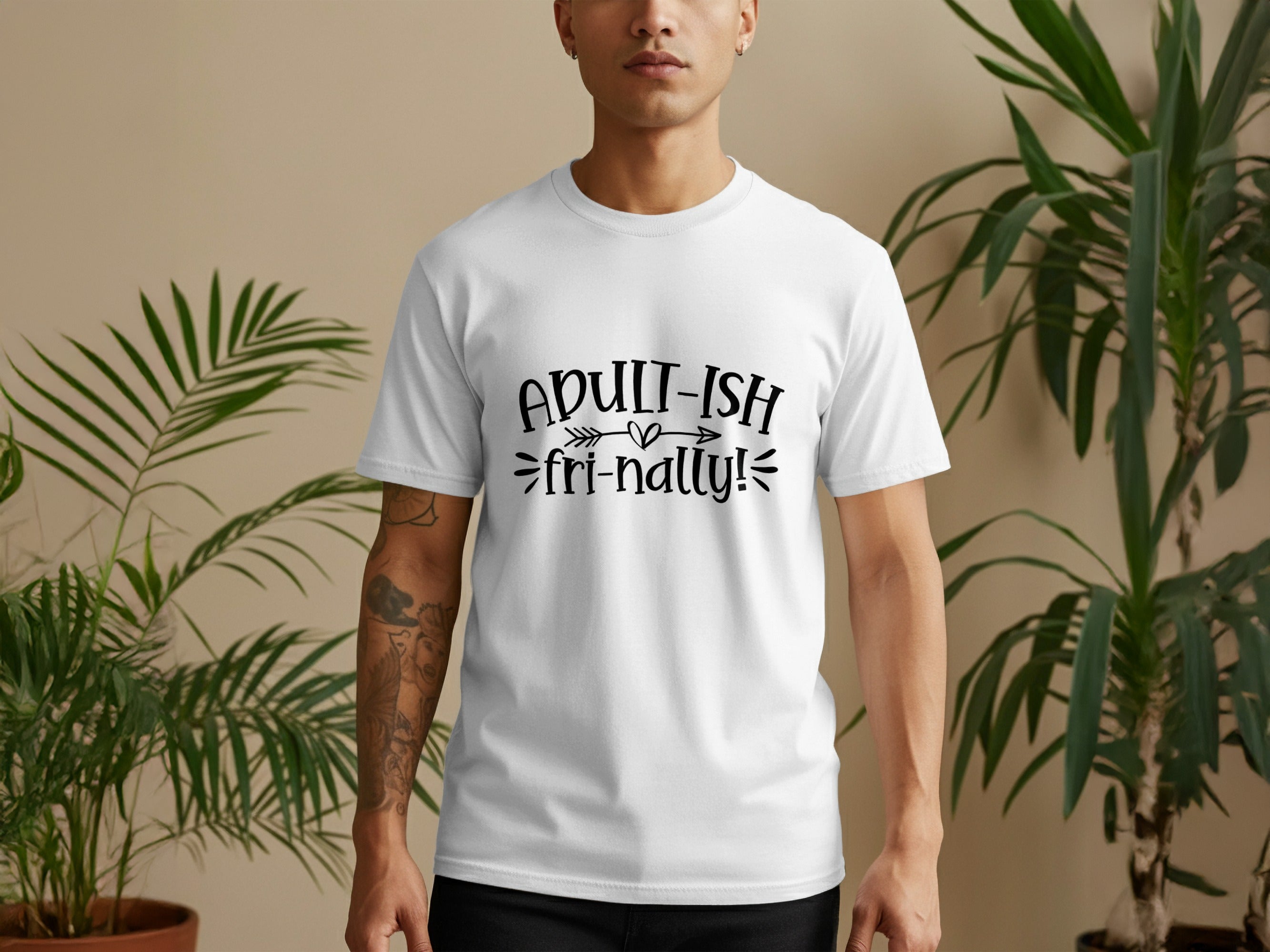 White t-shirt with text "Adult-ish friendly!".