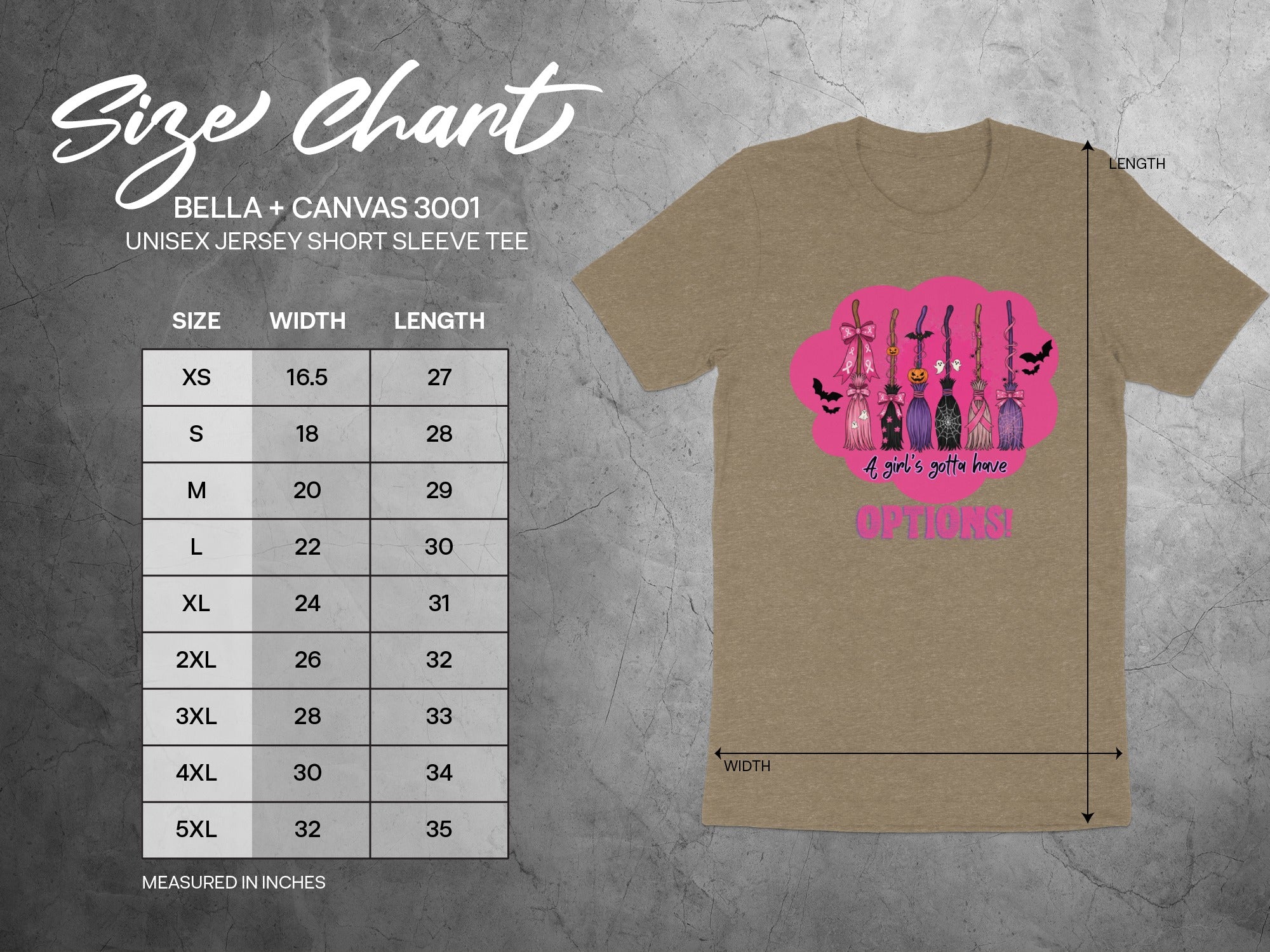 Bella + Canvas 3001 size chart for unisex short sleeve tees with width and length measurements.