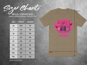 Bella + Canvas 3001 size chart for unisex short sleeve tees with width and length measurements.