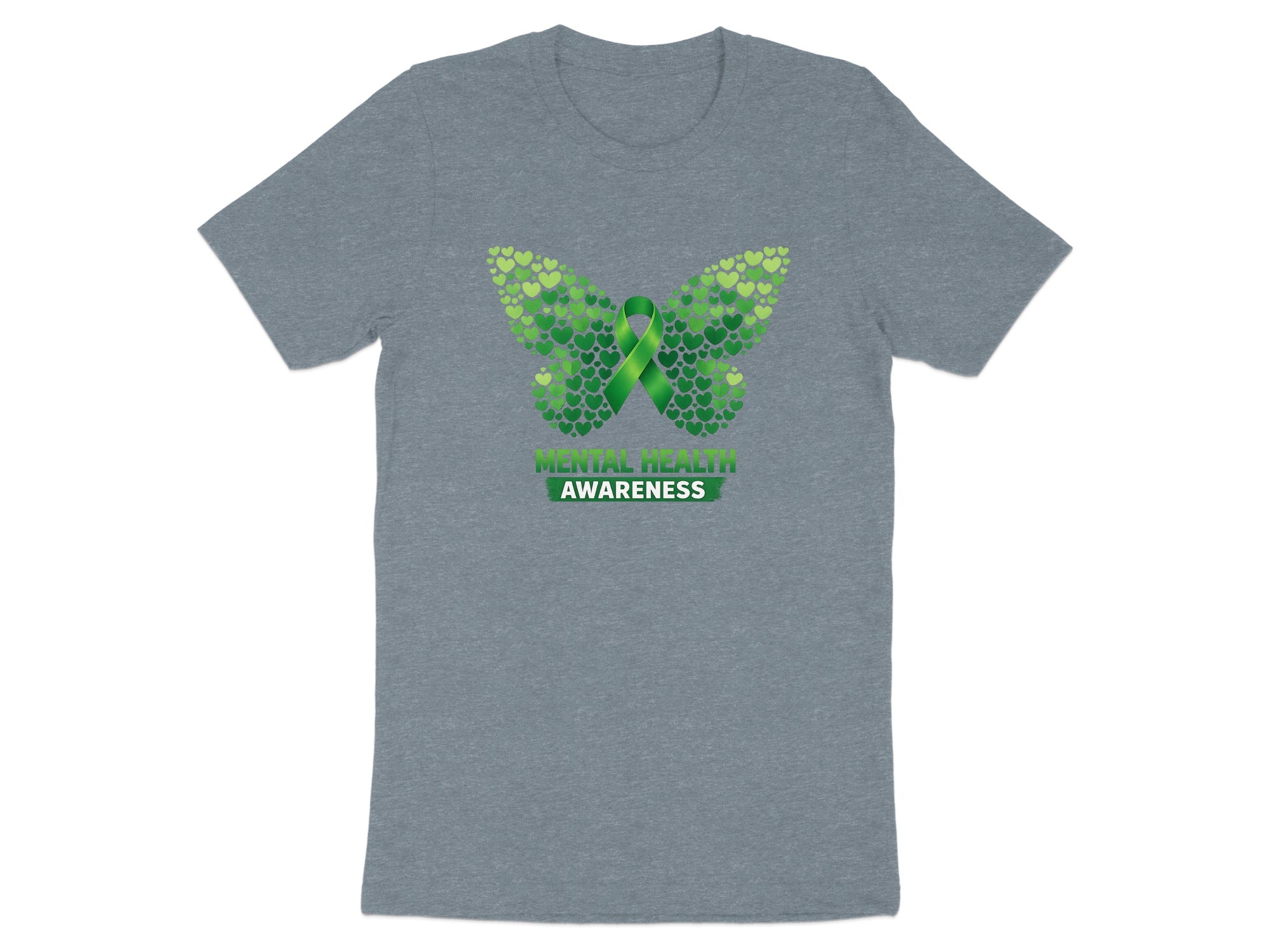 Grey t-shirt with butterfly made of green hearts and "Mental Health Awareness" text.